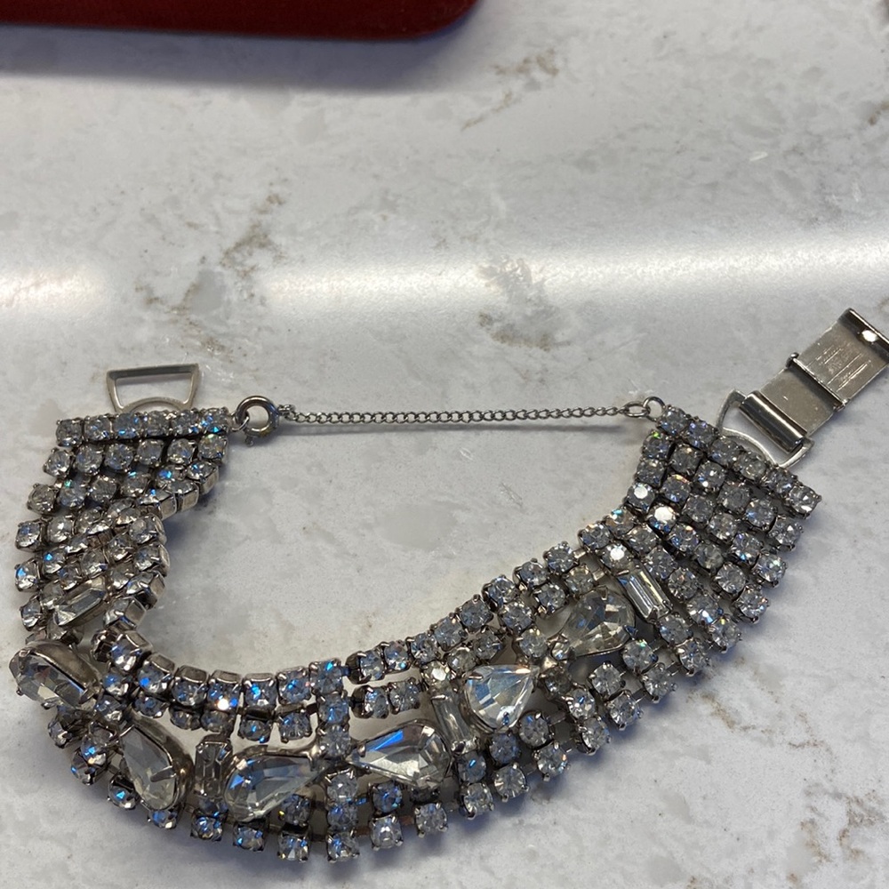 Vintage rhinestone bracelet with safety chain